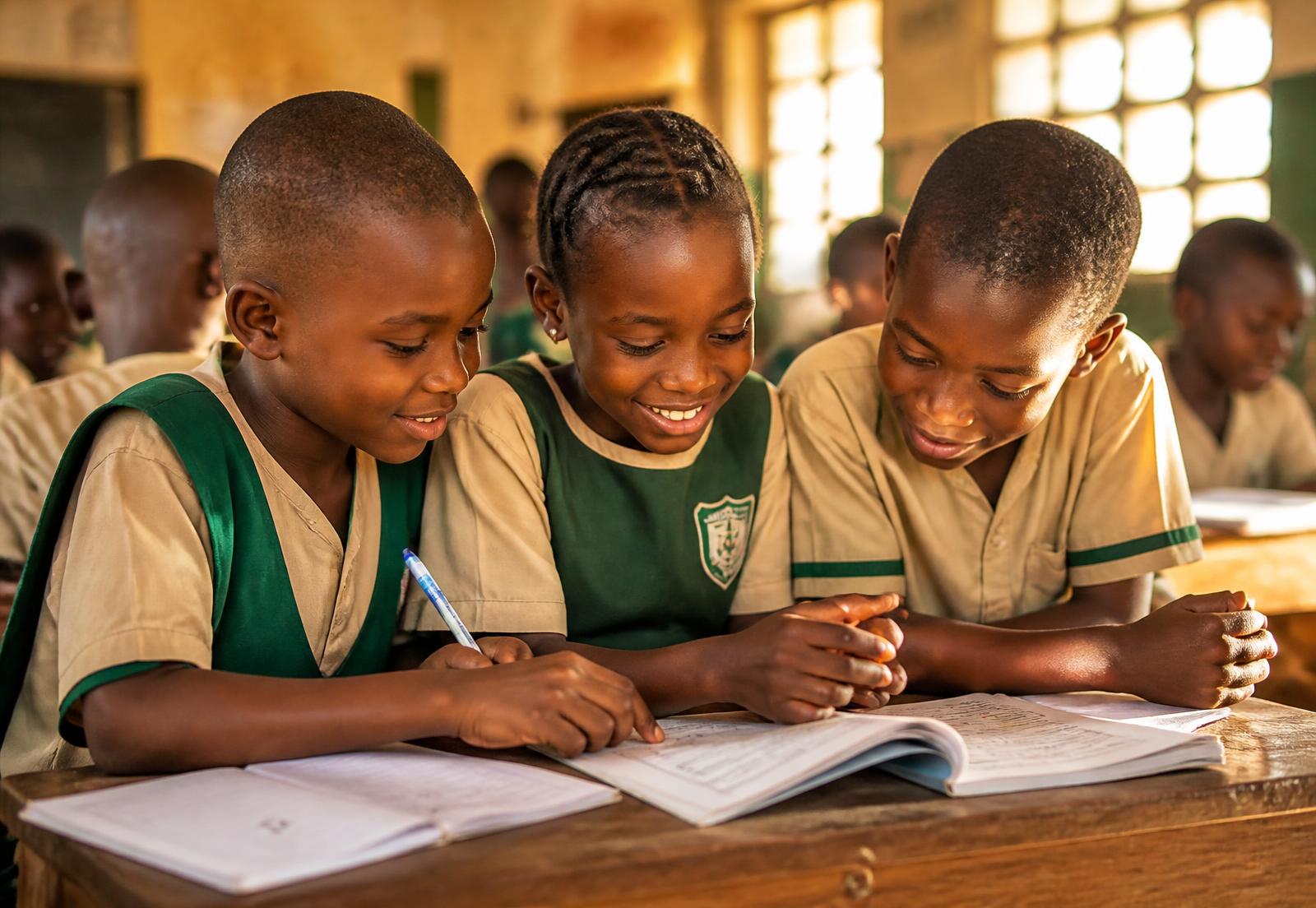 Representative education image of young students learning together at a classroom desk